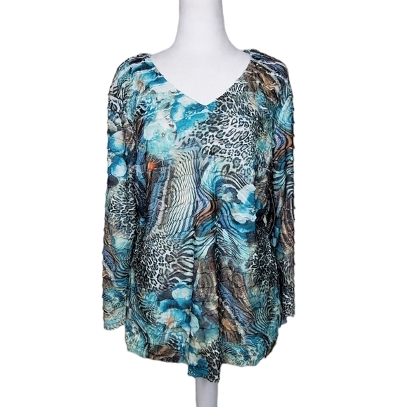 Tango Mango Abstract Animal Print Blouse, V-Neck Green Blue Pullover Top Sz LG - Picture 1 of 8